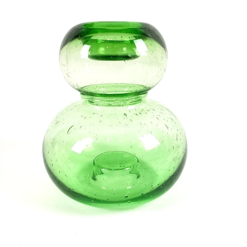 2Pc Art Glass Green Vase Votive Candle Holder Hand Blown Seeded Bubble Reversibl